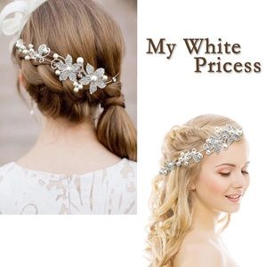 Tiara bride hair flower headband comb white pearl